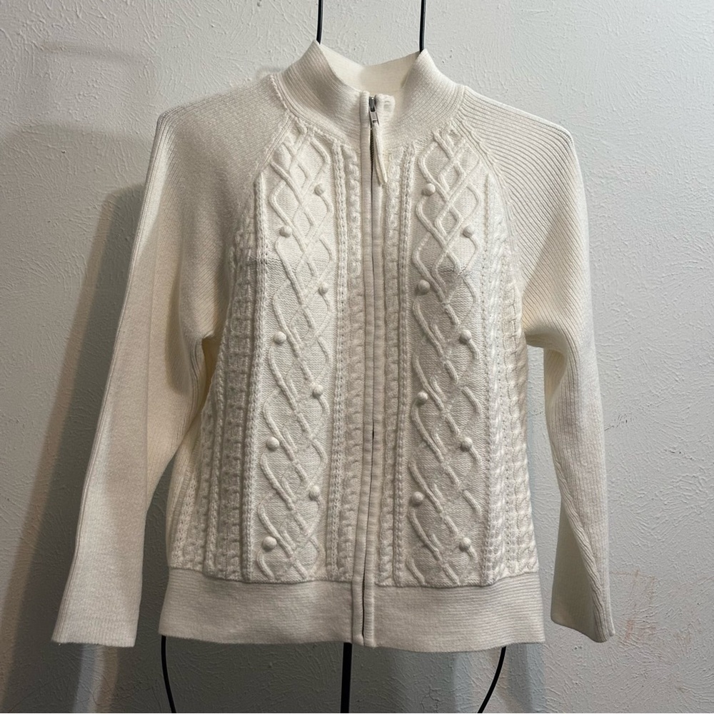 Croft & Barrow Women’s Cable Knit Sweater Zip Up Mock Neck White Sz PL